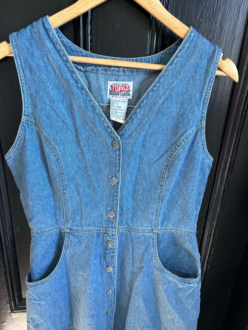 Vintage-Blue Denim Button-Front Dress w. Pockets - Picture 2 of 9